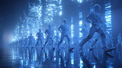 Obraz premium Robotic figures walking in futuristic setting with reflective floor and blue hues