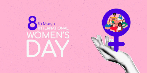 International Women's day horizontal banner template with cut out halftone hand holding female Venus symbol. Give to Gain IWD 2026 concept. Vector illustration isolated on pink dotted background © ugguggu