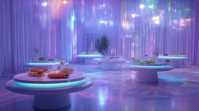 Modern event with elegant tables and food under vibrant colorful lighting - Powered by Adobe