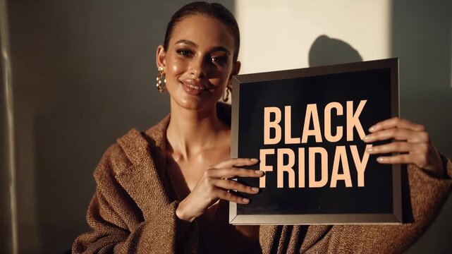Young woman in golden light holds black friday board close to face creating intimate cinematic feel for exclusive sale and night shopping campaign