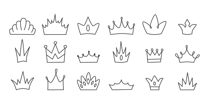 Sketchy crown collection in simple line art style. Minimal crown doodles. Playful outline girly shapes. Ideal for nursery prints, fairy tales, badges, planners, handmade design, stickers