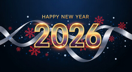 Festive image of 2026 year with silver ribbon and red snowflake on dark blue background, representing new year celebration and holiday season