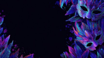 Masquerade masks with colorful feathers and dark background graphic design