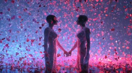 Two figures holding hands surrounded by pink and red floral petals love concept