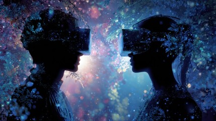 Two figures wearing vr headsets in abstract digital garden environment