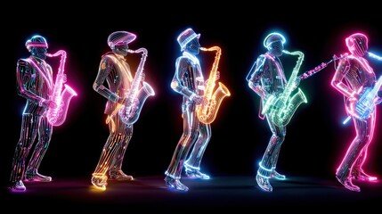 Neon musicians performing with saxophones and guitar on black background