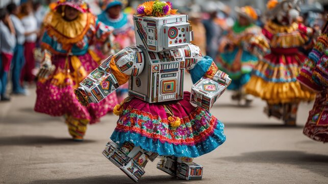 People in colorful costumes in a parade with robot and traditional attire