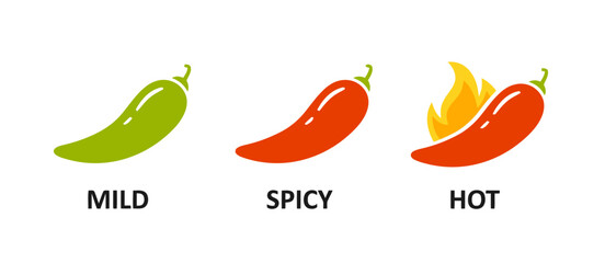 Chili pepper heat level icons, mild spicy and hot red peppers with flame, various levels of spiciness for food packaging and menu design