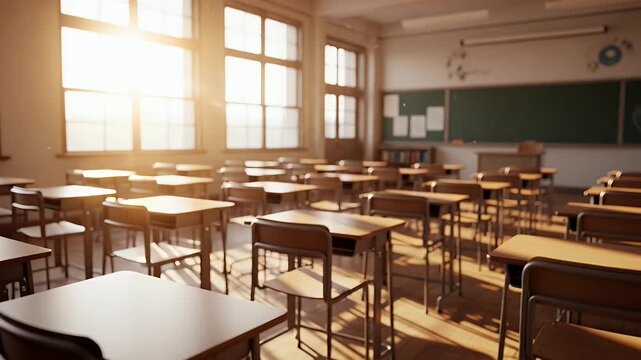 A serene empty classroom with wooden desks and chairs, bathed in natural light, evoking a sense of calm and anticipation for learning.