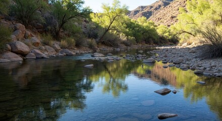 Tranquil river reflecting trees, clear water, rocks