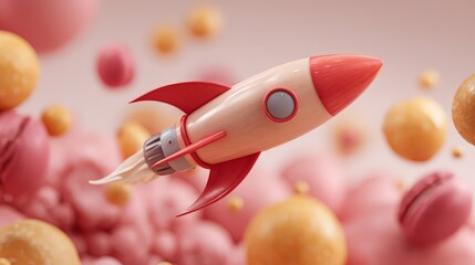 A stylized, cartoonish rocket ship flies diagonally across the screen. 