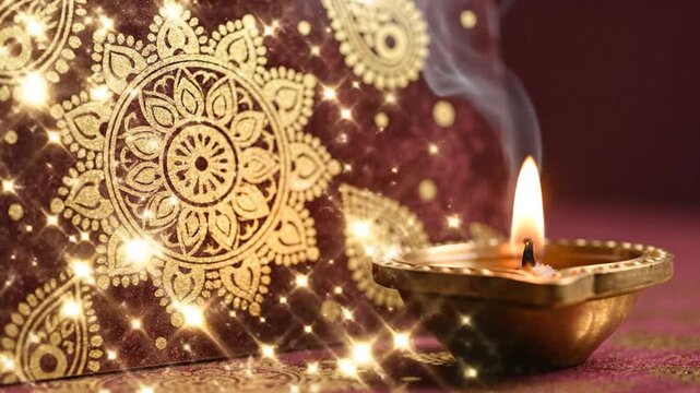 Ornate golden pattern on dark fabric with a lit diya, smoke rising