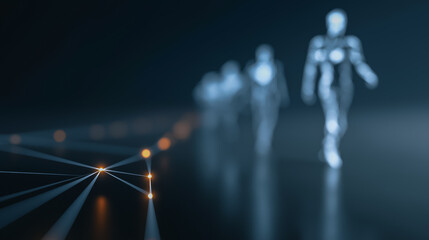 A futuristic depiction of human-like figures navigating a network of interconnected pathways, symbolizing the convergence of human experience and technological innovation.