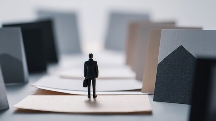 A businessman walks along a route made up of overlapping sheets or cards of paper. 