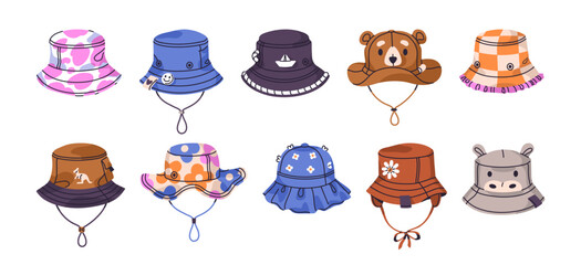 Cute kids' panama or bucket hats set. Funny children's caps with ties. Patterned child headwear for summer. Summertime accessories, clothes. Flat isolated vector illustrations on white background.