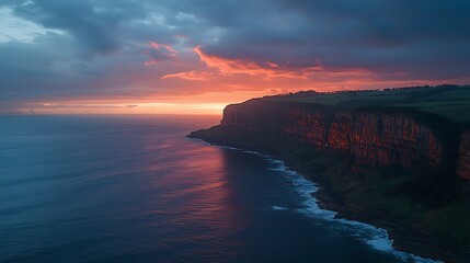 Dramatic aerial view of majestic coastal cliffs and ocean at sunset, with vibrant orange and blue sky reflections.