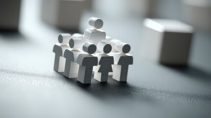 A small collection of three-dimensional, white, stylized characters assembled to depict a hierarchical team or organizational structure.
