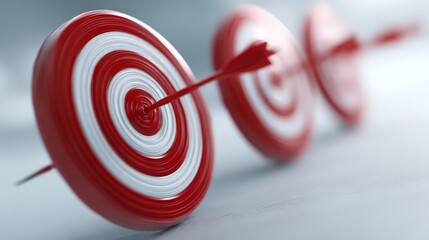 A row of red and white targets, with an arrow hitting the bullseye of the closest one.