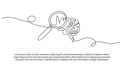One line of brain examination using a magnifying glass. Abstract minimal continuous line isolated on white background.
