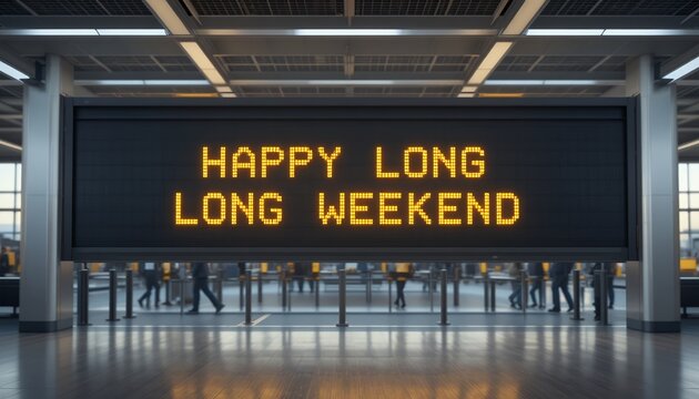 Modern transit concourse with illuminated sign wishing travelers a long weekend