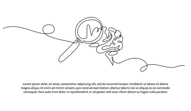 One line of brain examination using a magnifying glass. Abstract minimal continuous line isolated on white background.