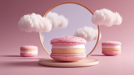 A macaron on a pink pedestal or product podium.