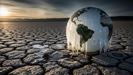 Melting Ice Globe on Cracked Dry Earth Symbolizing Climate Change, Global Warming, and Environmental Collapse