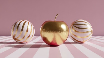 A spherical objects on a pastel pink background and a surface with alternating pink and white stripes.