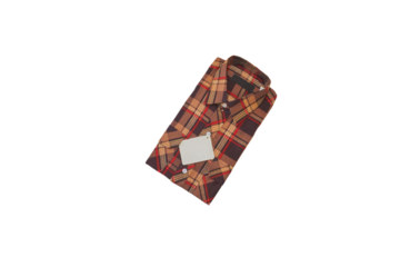 folded in a checkered shirt with a white price tag attached, men's cotton brown, beige or yellow-brown shades shirt isolated on a white background