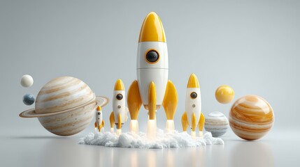 A cartoonish rocket carrying multiple stylized, small planets and spheres.