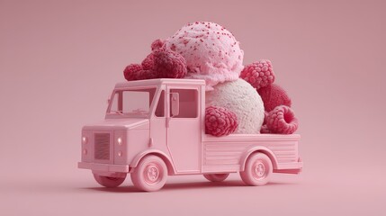 Vintage-style pickup truck overflowing with ice cream and raspberries, all rendered in monochromatic pink tones.