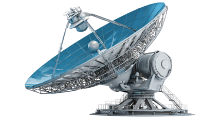A high-technology satellite dish and radio telescope antenna stand against a clear blue sky, functioning as a communications receiver and astronomical observatory equipment for space research