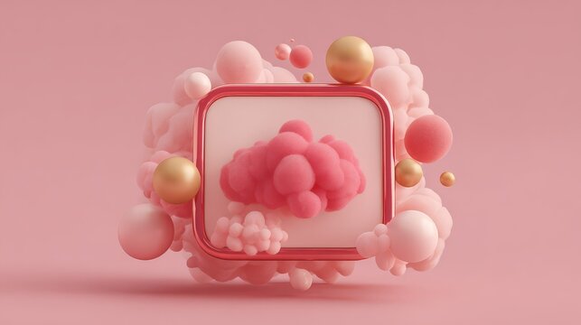A glossy, metallic pink or rose gold border with many spheres.