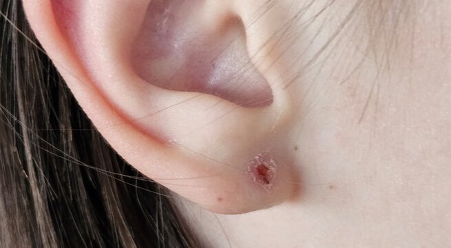 Ear wound lesion herpes zoster and inflammation of the earlobe and inflammation of the ear after puncture purulent wound