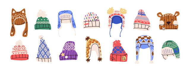 Different winter hats set. Cute kids' and unisex headwear for cold weather. Wool knit up caps with pom poms. Wintertime clothes, accessories. Flat isolated vector illustrations on white background