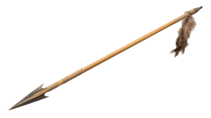 Traditional hunting spear with feathers on black background