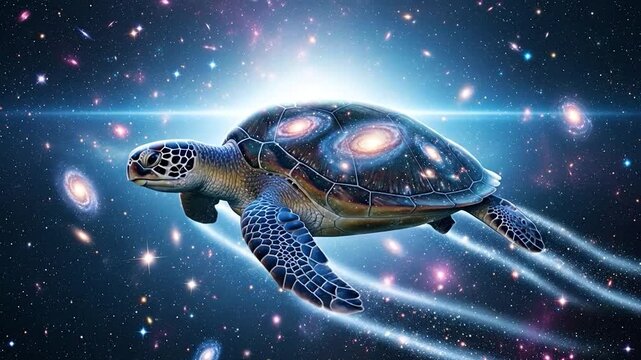 Surreal turtle swimming through cosmic space filled with galaxies