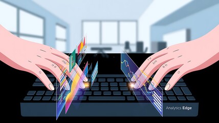 Two hands typing on a keyboard with holographic data visualizations emerging technology