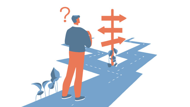 Man contemplating multiple diverging paths and uncertain future at a crossroads.