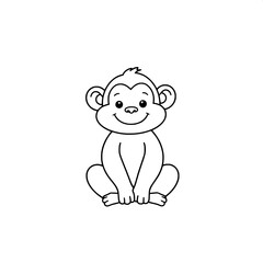 Obraz premium A simple cartoon monkey with rounded features and a cheerful expression, sitting cross-legged with its hands placed on its knees, is centered in the frame, drawn with bold black outlines on a clean wh