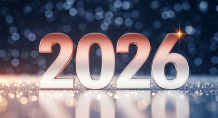 Metal numbers "2026" against a bokeh background, representing a future date or event, suggesting anticipation, projection and goal setting