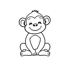 Fototapeta premium A simple cartoon monkey with rounded features and a cheerful expression, sitting cross-legged with its hands placed on its knees, is centered in the frame, drawn with bold black outlines on a clean wh