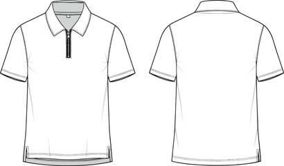 Men polo shirt front and back view, short sleeve zip collar design, minimalist fashion vector technical flat sketch © MdSobhan