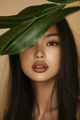 Naklejka premium Woman with long hair partially covered by a green leaf against a neutral background