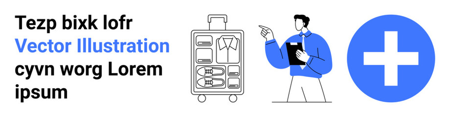 Obraz premium Travel healthcare, business trips, medical tourism, wellness services, corporate preparation, safety measures. Luggage, professional figure medical cross icon. Travel healthcare and business trips