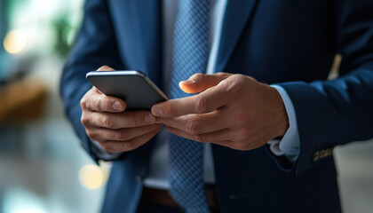 Businessman using smartphone in office environment with blurred background