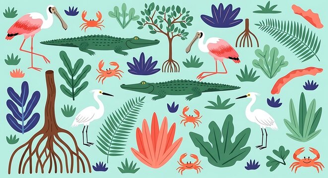 Vibrant Everglades Ecosystem Illustration with Alligators, Birds, and Lush Vegetation.