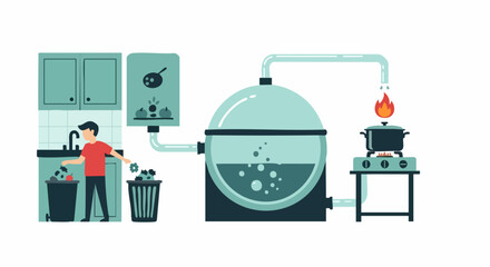 Kitchen Scene with Man, Sink, and Elaborate Cooking Setup.