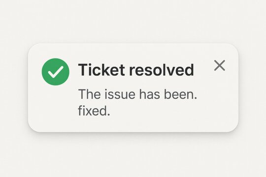 Notification displays ticket status change to resolved along with a message confirming that the issue has been fixed as requested.