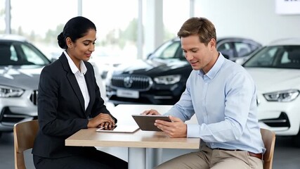Car Dealership Consultation with Digital Tablet